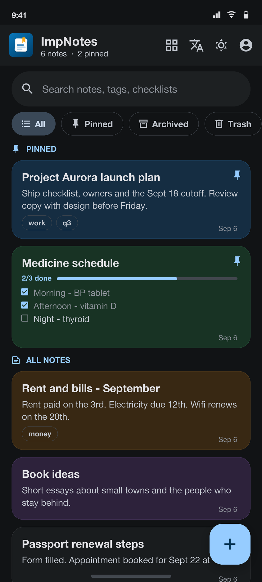 ImpNotes in Material 3 dark theme