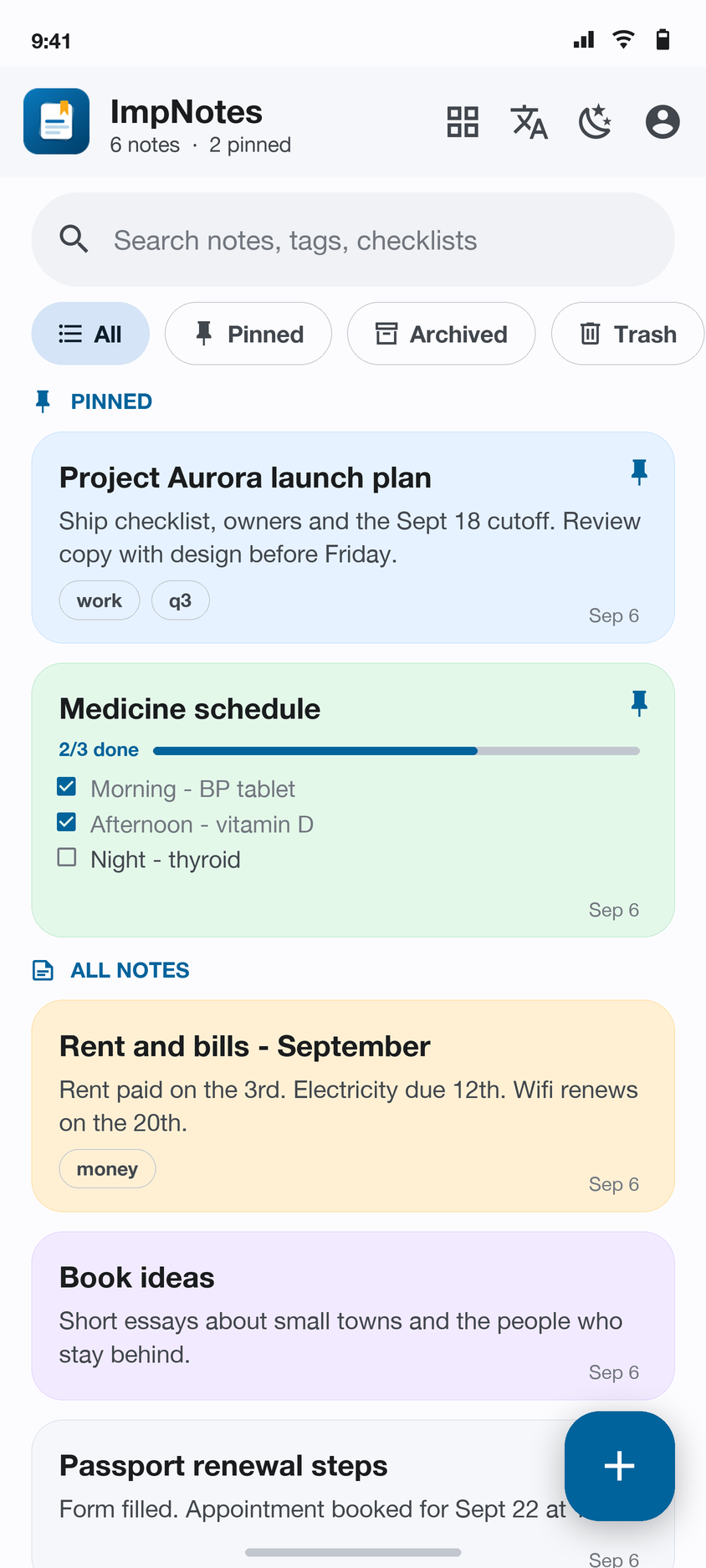 ImpNotes home screen with pinned and colour-coded notes